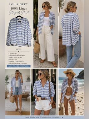 Lou & Grey 100% Linen Blue White Striped Button Down Shirt Size L
